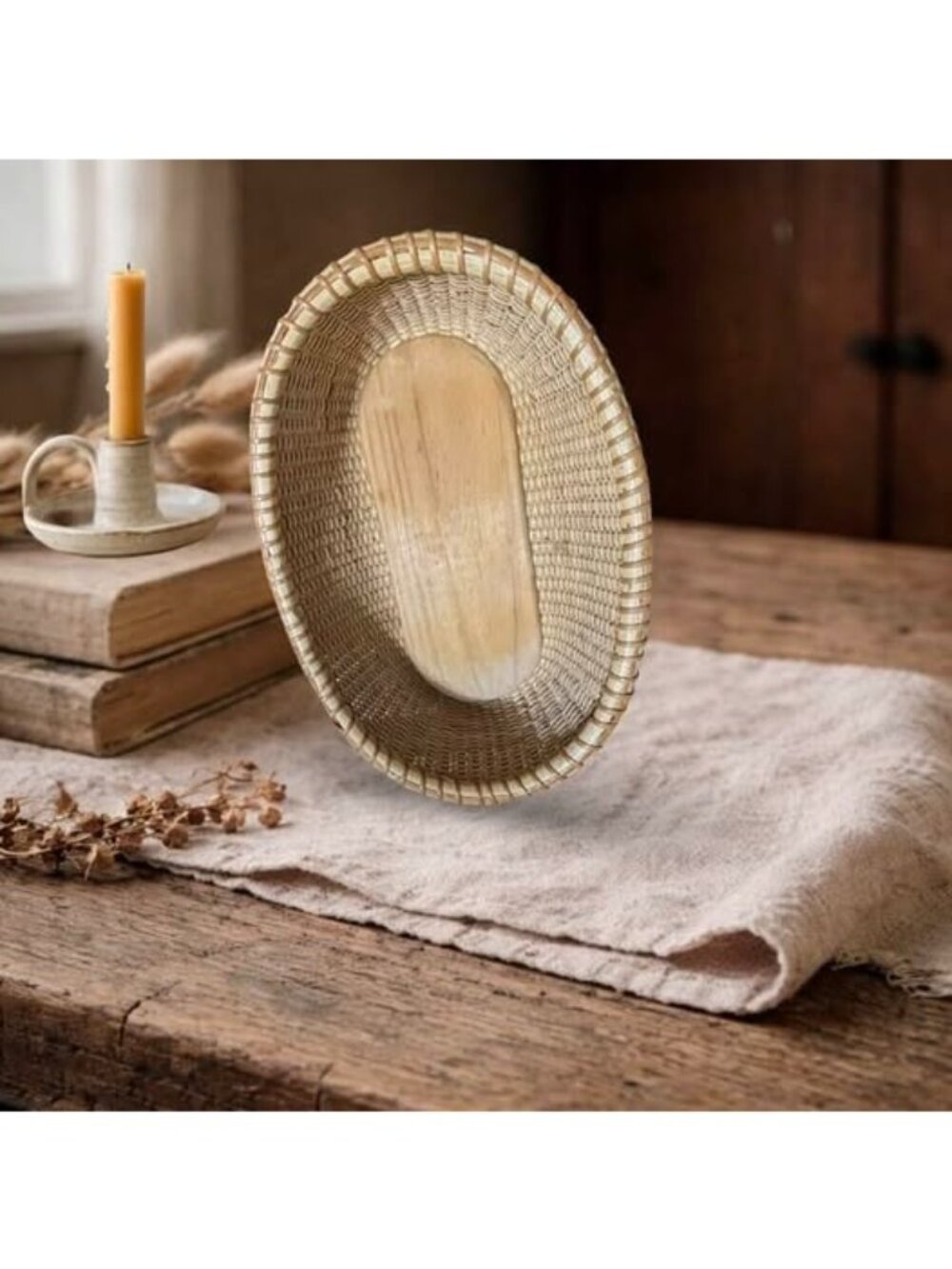 Vintage Handwoven Nantucket Style Oval Bread Basket | Solid Hardwood Base | Coas